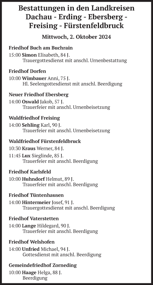 Todesanzeige von Bestattungen vom 02.10.2024 von merkurtz