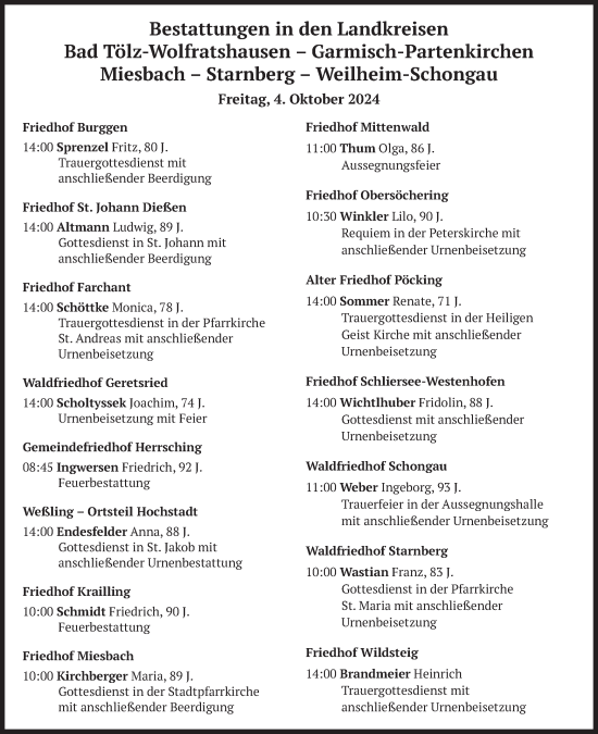 Todesanzeige von Bestattungen vom 04.10.2024 von merkurtz