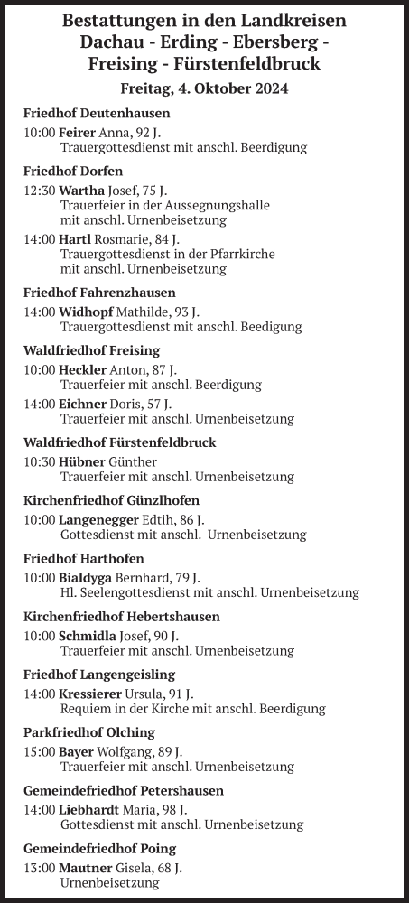 Todesanzeige von Bestattungen vom 04.10.2024 von merkurtz