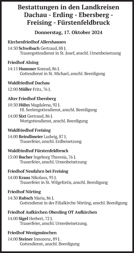 Todesanzeige von Bestattungen vom 17.10.2024 von merkurtz