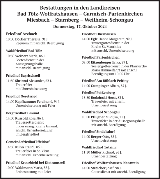 Todesanzeige von Bestattungen vom 17.10.2024 von merkurtz