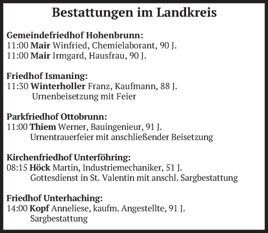 Todesanzeige von Bestattungen vom 17.10.2024 von merkurtz