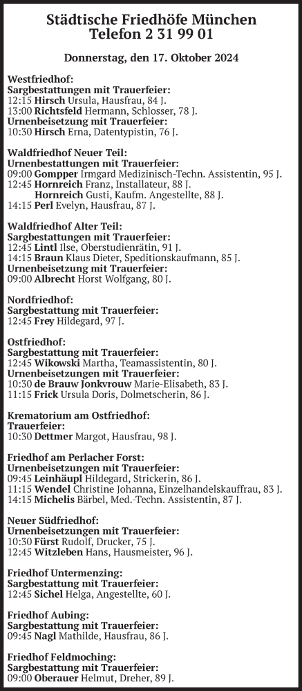 Todesanzeige von Bestattungen vom 17.10.2024 von merkurtz