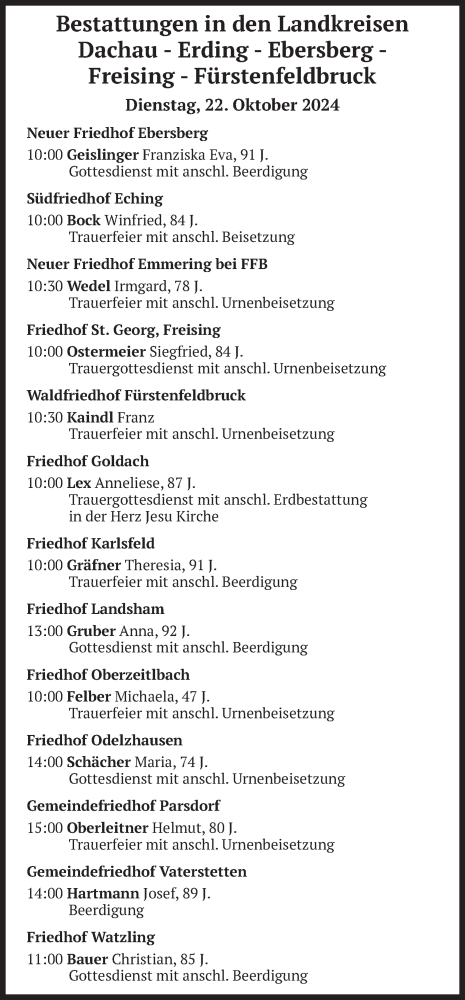 Todesanzeige von Bestattungen vom 22.10.2024 von merkurtz