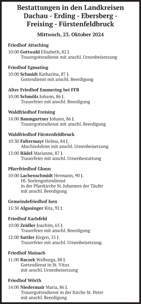 Todesanzeige von Bestattungen vom 23.10.2024 von merkurtz