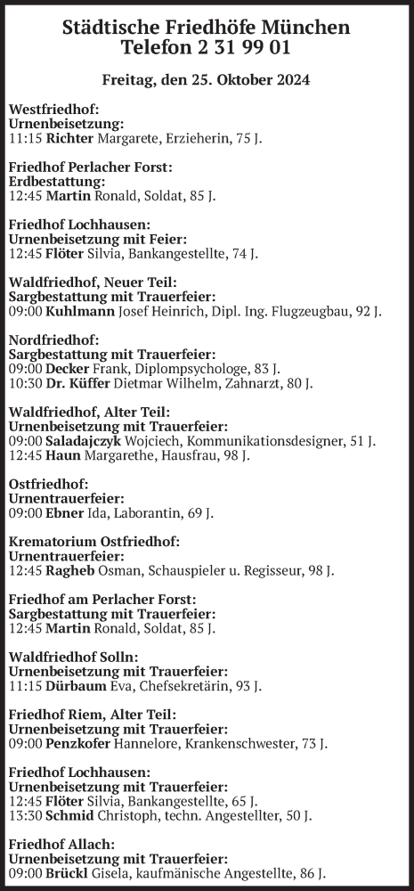 Todesanzeige von Bestattungen vom 25.10.2024 von merkurtz