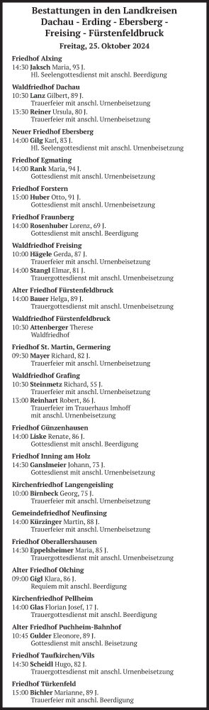 Todesanzeige von Bestattungen vom 25.10.2024 von merkurtz