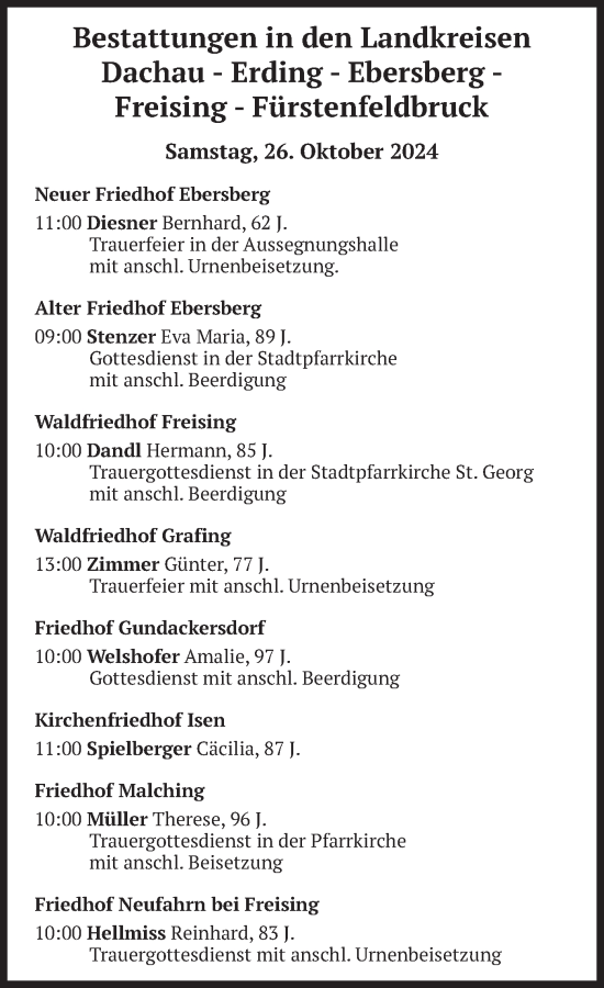 Todesanzeige von Bestattungen vom 26.10.2024 von merkurtz
