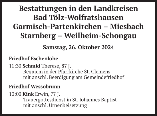 Todesanzeige von Bestattungen vom 26.10.2024 von merkurtz