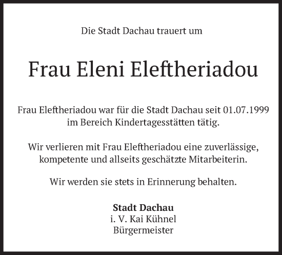 Todesanzeige von Eleni Eleftheriadou von merkurtz