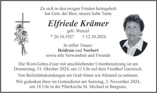 Todesanzeige von Elfriede Krämer von merkurtz