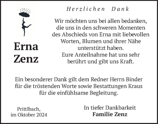 Todesanzeige von Erna Zenz von merkurtz