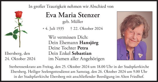 Todesanzeige von Eva Maria Stenzer von merkurtz