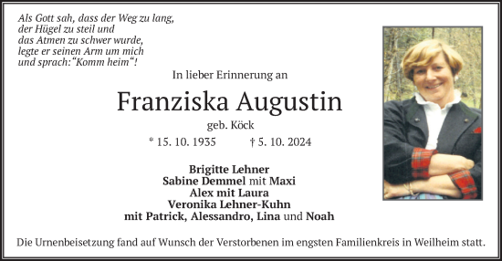 Todesanzeige von Franziska Augustin von merkurtz