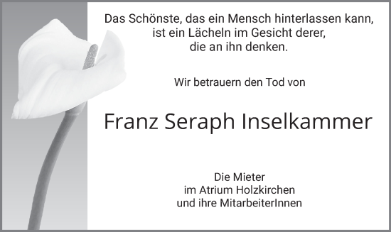 Todesanzeige von Franz Seraph Inselkammer von merkurtz