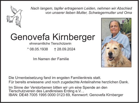 Todesanzeige von Genovefa Kirnberger von merkurtz