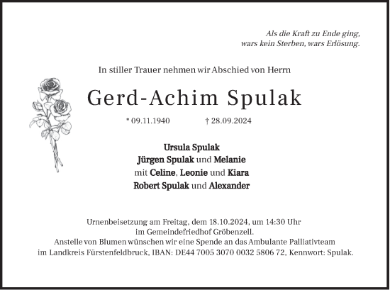 Todesanzeige von Gerd-Achim Spulak von merkurtz