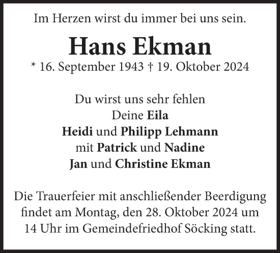 Todesanzeige von Hans Ekman von merkurtz