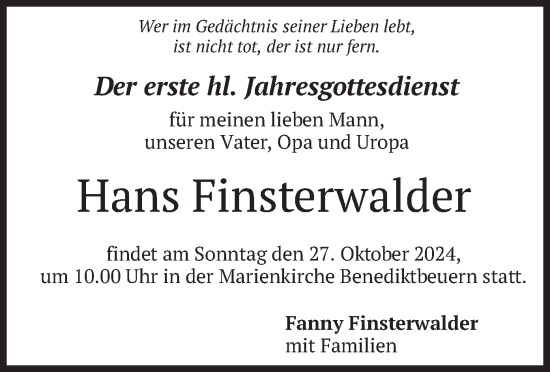 Todesanzeige von Hans Finsterwalder von merkurtz