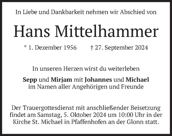 Todesanzeige von Hans Mittelhammer von merkurtz