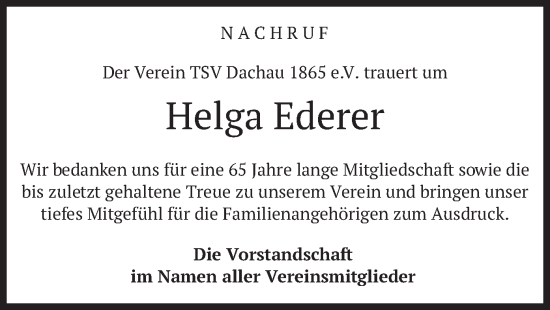 Todesanzeige von Helga Ederer von merkurtz