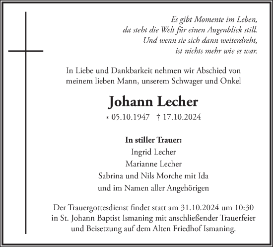 Todesanzeige von Johann Lecher von merkurtz