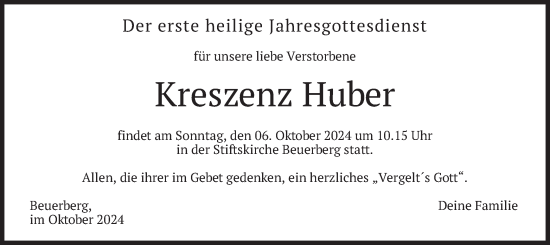Todesanzeige von Kreszenz Huber von merkurtz