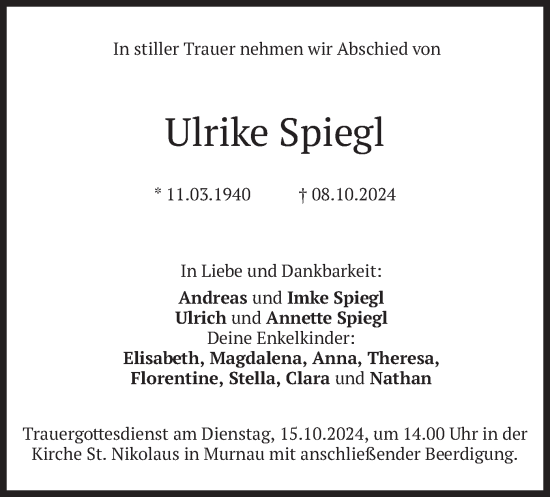 Todesanzeige von Ulrike Spiegl von merkurtz