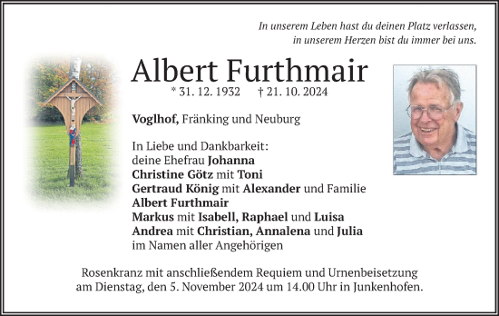 Todesanzeige von Albert Furthmair von merkurtz