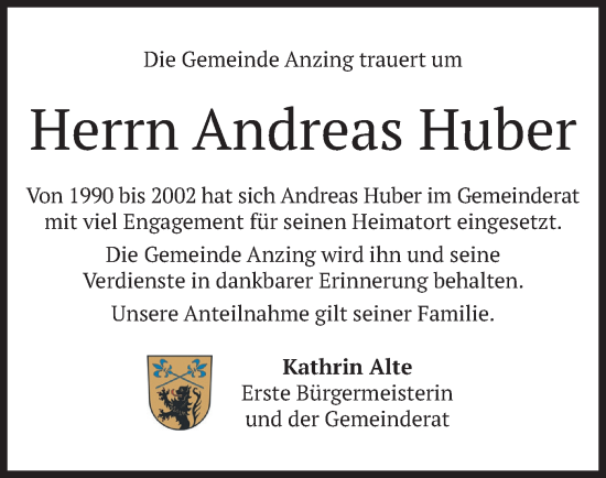 Todesanzeige von Andreas Huber von merkurtz