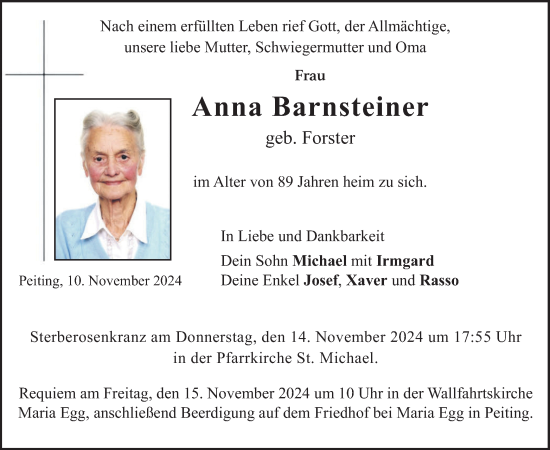 Todesanzeige von Anna Barnsteiner von merkurtz