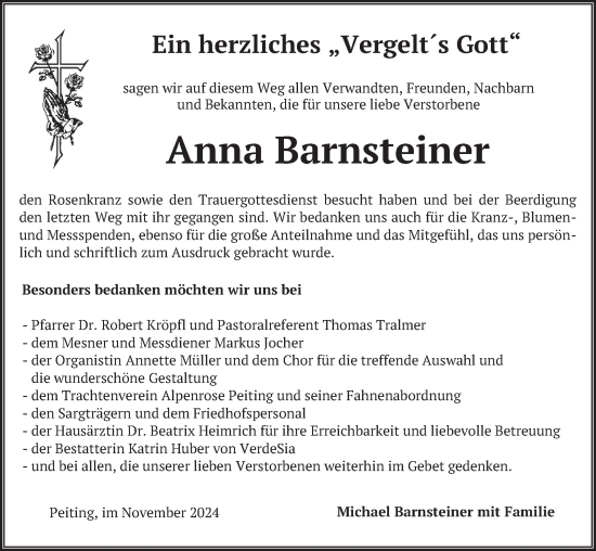 Todesanzeige von Anna Barnsteiner von merkurtz