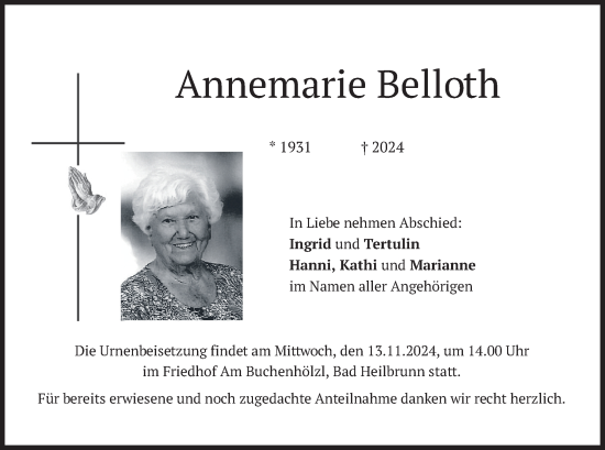 Todesanzeige von Annemarie Belloth von merkurtz