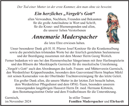 Todesanzeige von Annemarie Maderspacher von merkurtz