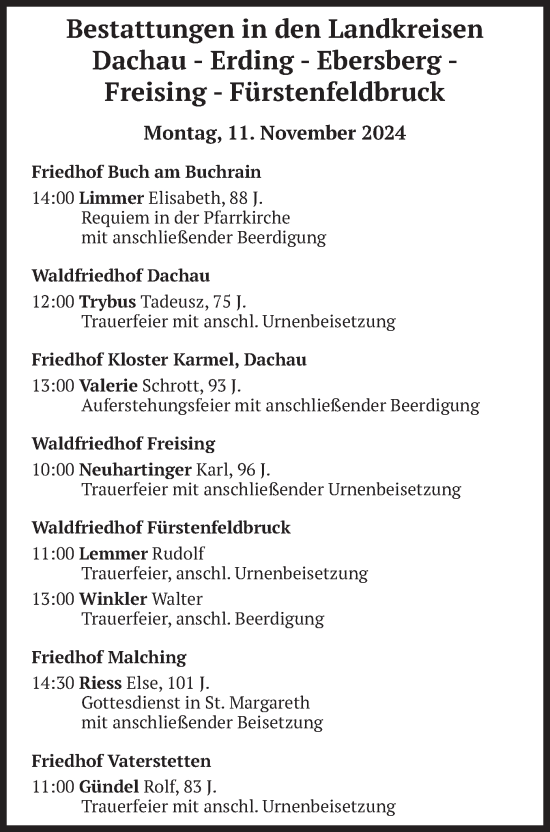 Todesanzeige von Bestattungen vom 11.11.2024 von merkurtz