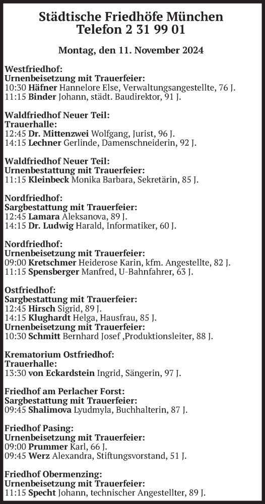 Todesanzeige von Bestattungen vom 11.11.2024 von merkurtz