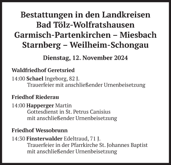 Todesanzeige von Bestattungen vom 12.11.2024 von merkurtz