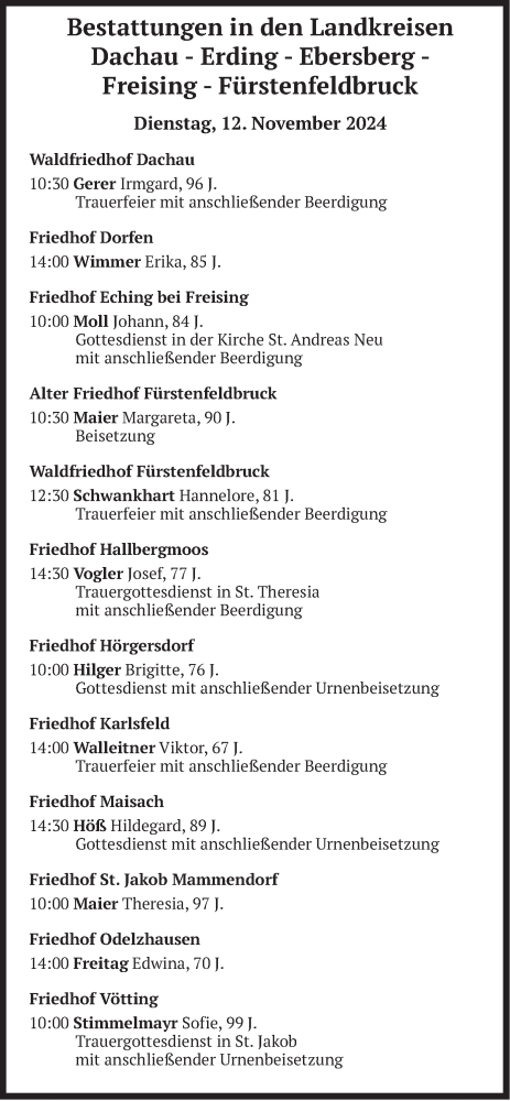 Todesanzeige von Bestattungen vom 12.11.2024 von merkurtz