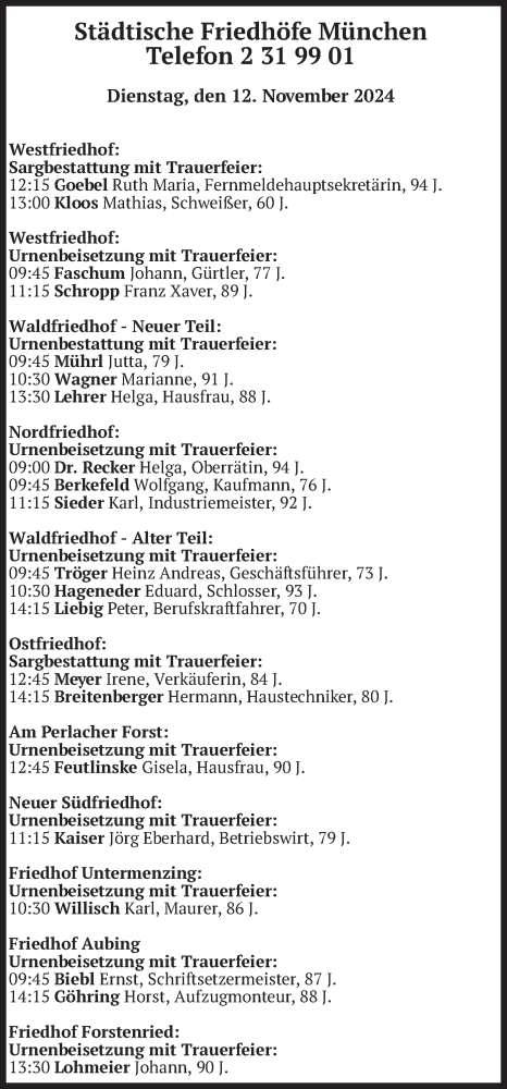 Todesanzeige von Bestattungen vom 12.11.2024 von merkurtz