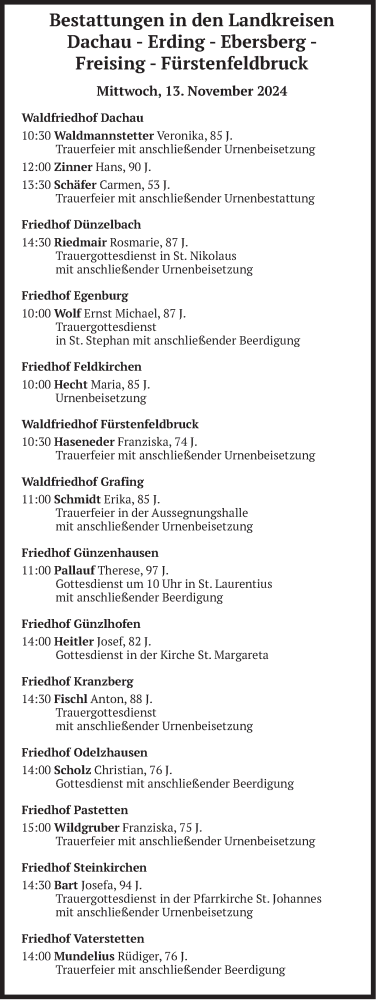 Todesanzeige von Bestattungen vom 13.11.2024 von merkurtz