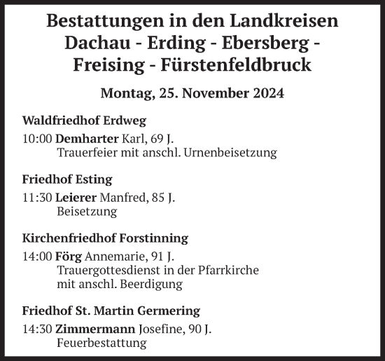 Todesanzeige von Bestattungen vom 25.11.2024 von merkurtz
