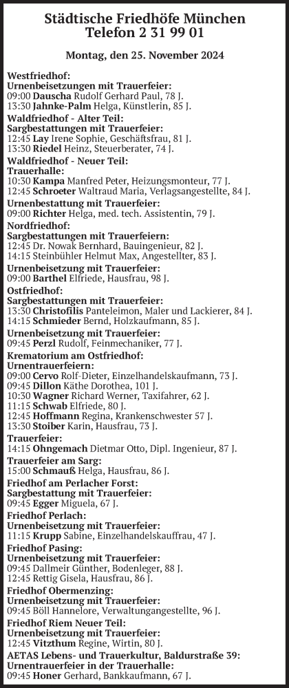 Todesanzeige von Bestattungen vom 25.11.2024 von merkurtz