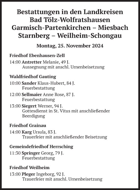 Todesanzeige von Bestattungen vom 25.11.2024 von merkurtz