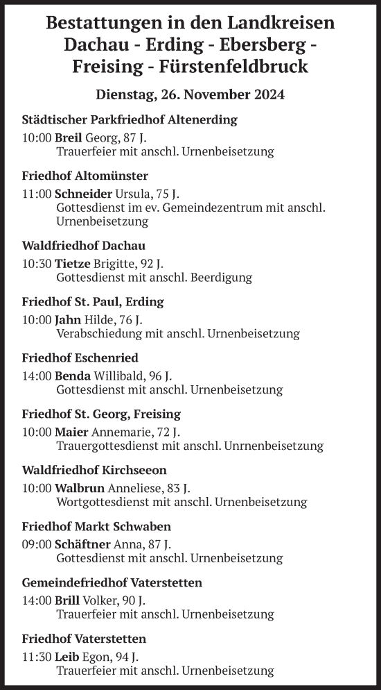 Todesanzeige von Bestattungen vom 26.11.2024 von merkurtz