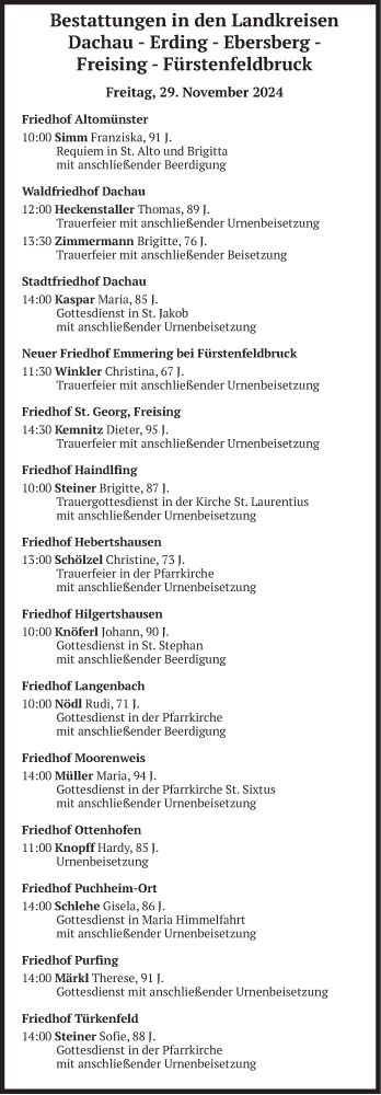 Todesanzeige von Bestattungen vom 29.11.2024 von merkurtz