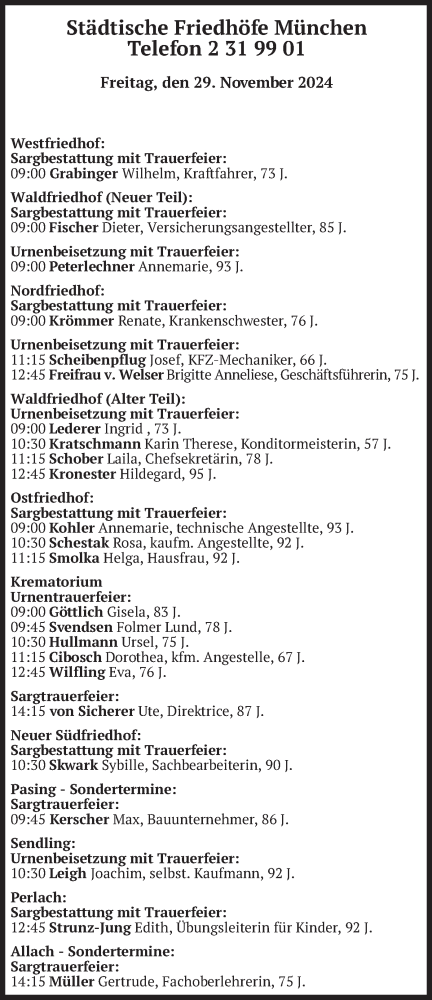Todesanzeige von Bestattungen vom 29.11.2024 von merkurtz