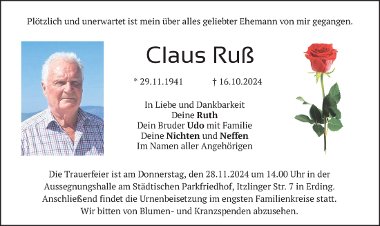 Todesanzeige von Claus Ruß von merkurtz