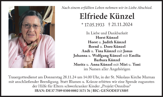 Todesanzeige von Elfriede Künzel von merkurtz