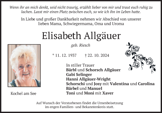 Todesanzeige von Elisabeth Allgäuer von merkurtz