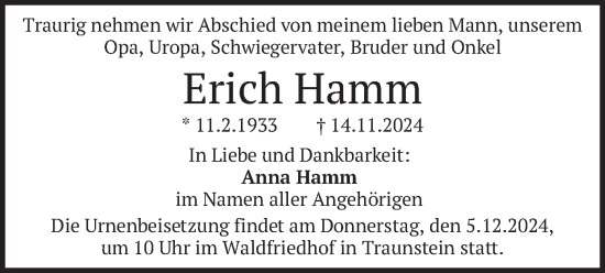 Todesanzeige von Erich Hamm von merkurtz